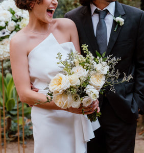 Primary of Snow Bridal Bouquet with bride and groom