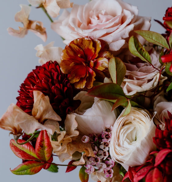 Primary of Sunset Wedding Package by Neil Lane x Poppy Flowers; includes burgundy, blush and red flowers 
